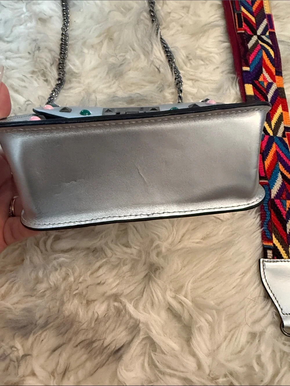 Vera Pelle Metallic silver  Crossbody with Multicolor Studs and 2 Straps